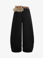 Leopard Belt Fur-Pom Detail Fleece Wide-Leg Pants
