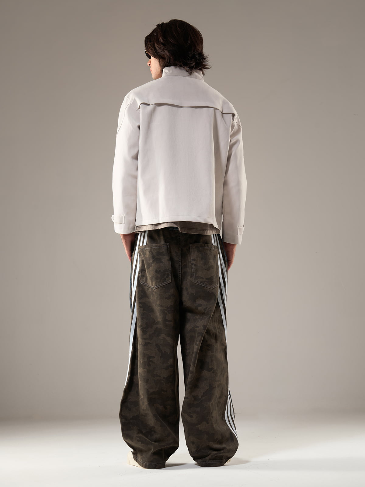 Washed Stripe Patchwork Totem Print Baggy Jeans