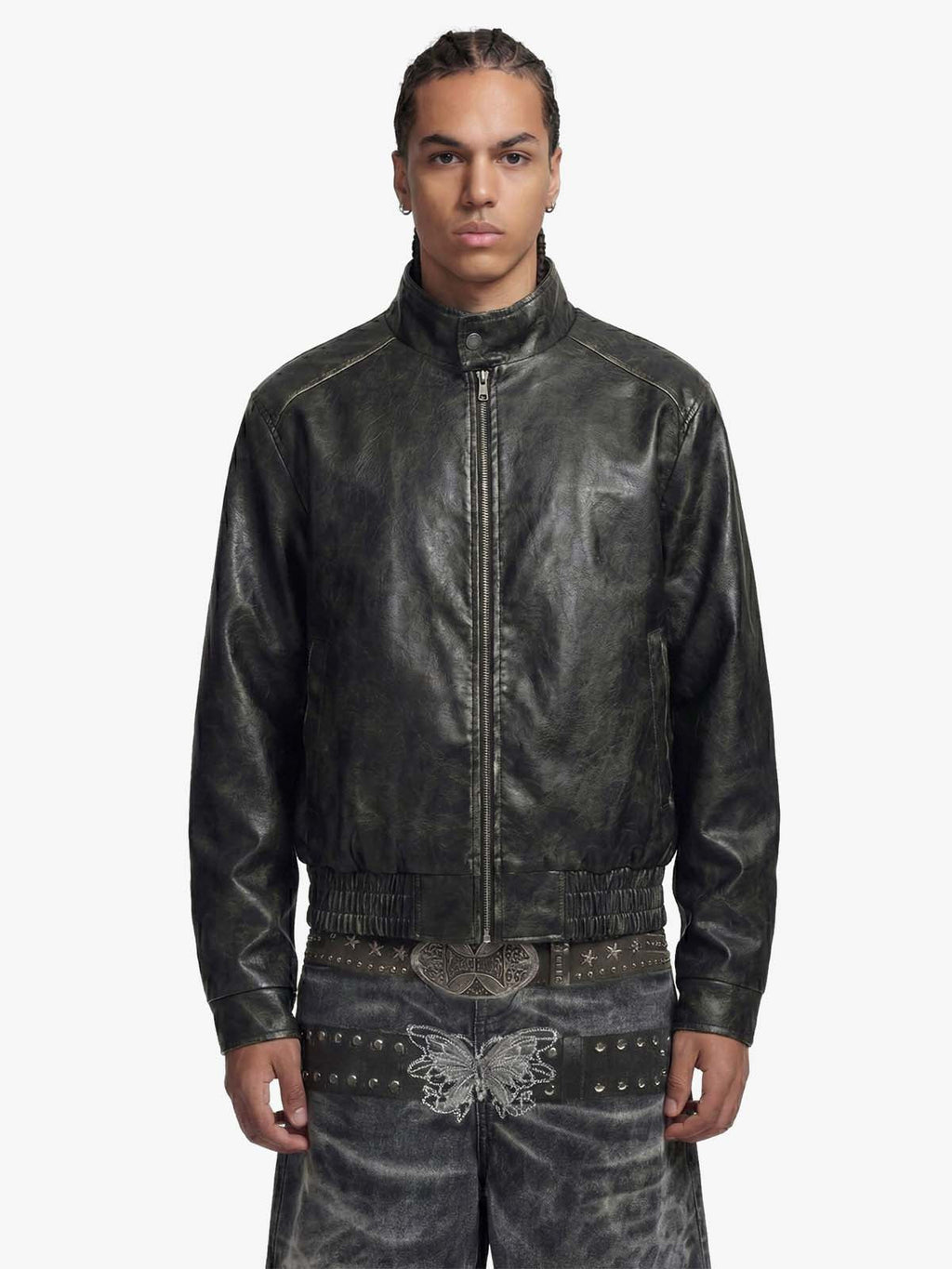 Retro Leather Stand-Collar Elastic Hem Jacket