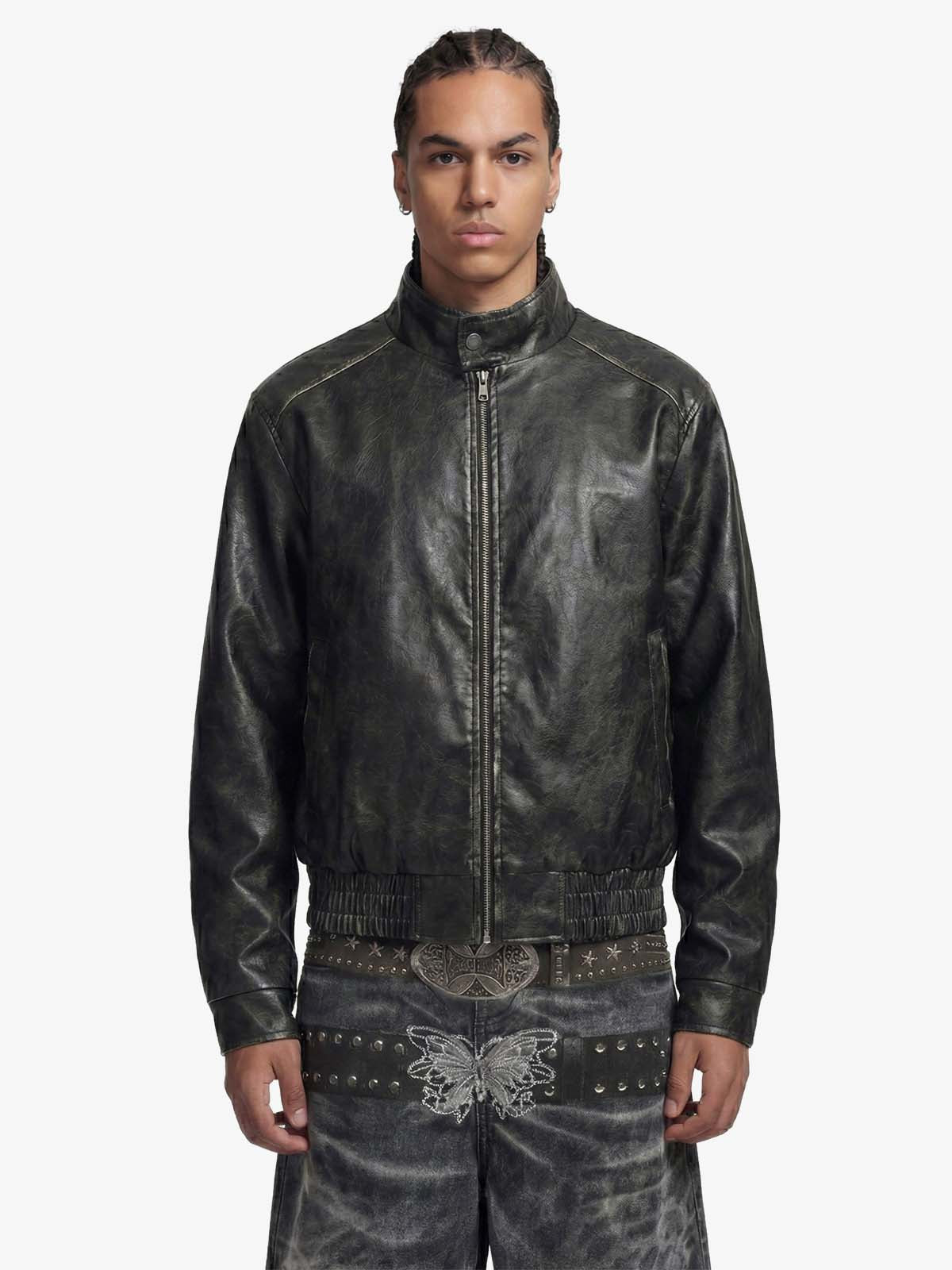 Retro Leather Stand-Collar Elastic Hem Jacket