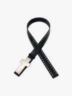 Cross Buckle Studded Black Leather Belt