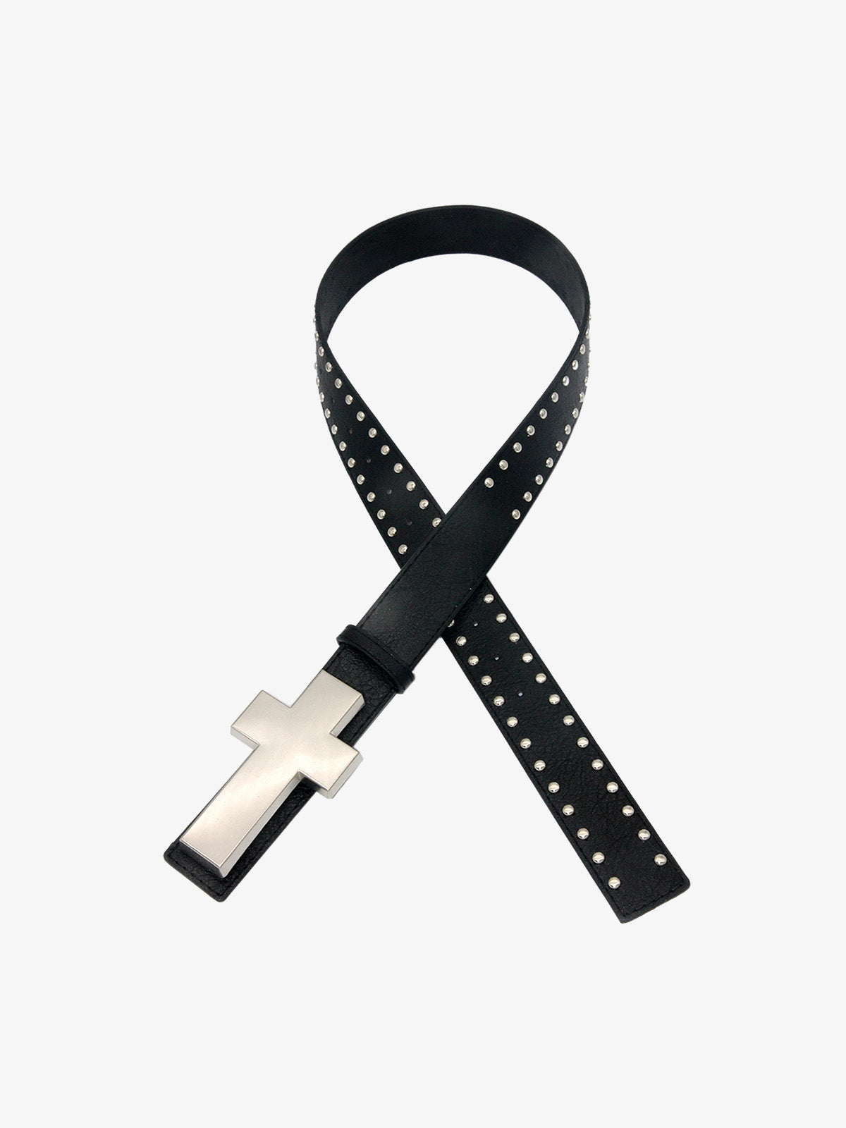 Cross Buckle Studded Black Leather Belt