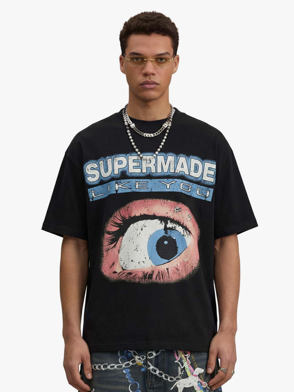 Waffle Knit Eye Graphic Letter Print T-Shirt