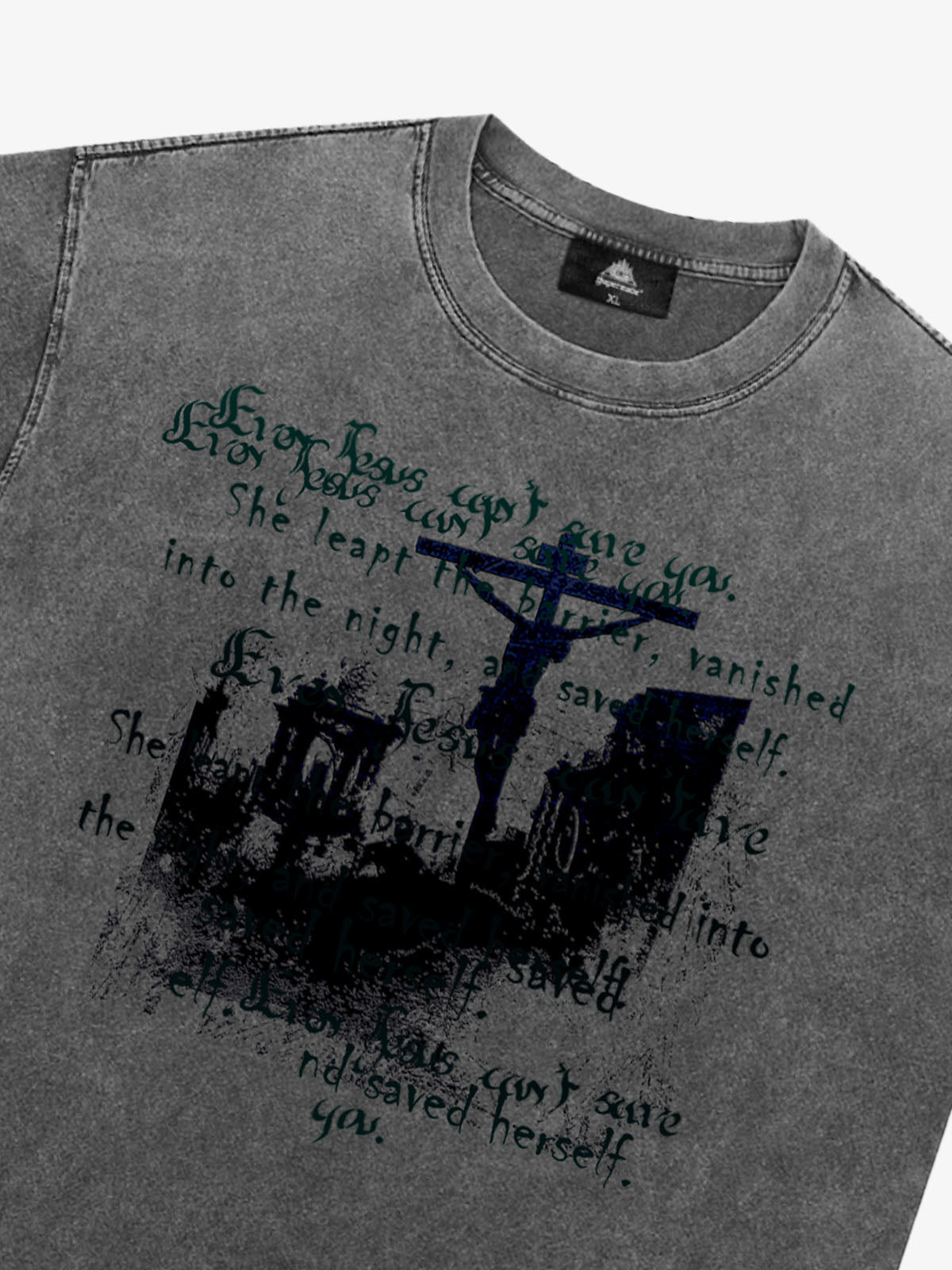 Washed Cross Overlay Text Graphic T-Shirt