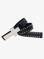 Cross Buckle Studded Black Leather Belt
