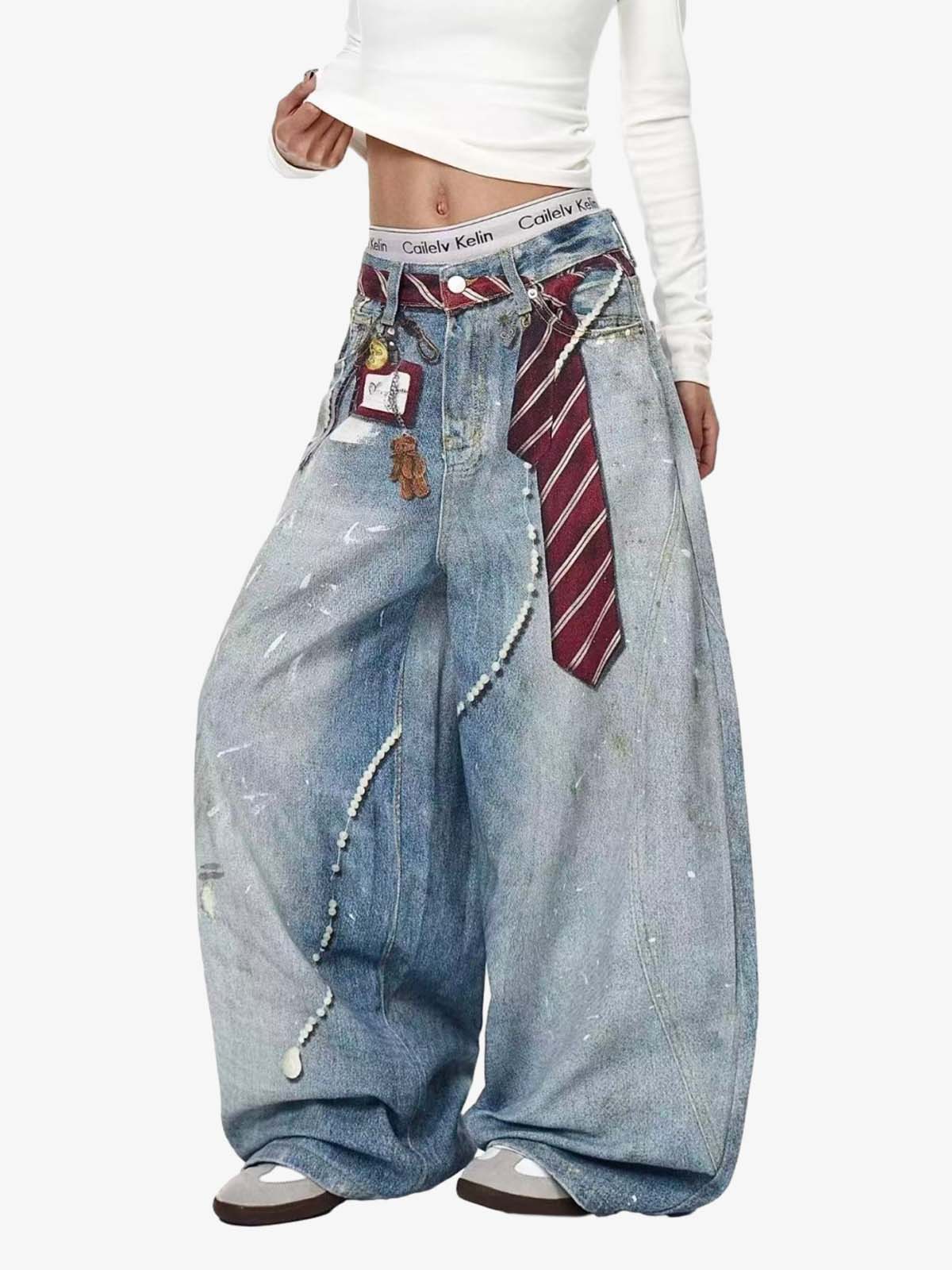 Tie Graphic Print Vintage Wash Wide Leg Denim Jeans