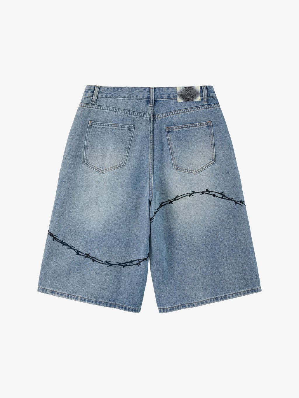 Vintage Barbed Wire Embroidery Distressed Washed Denim Jorts