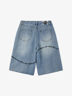Vintage Barbed Wire Embroidery Distressed Washed Denim Jorts