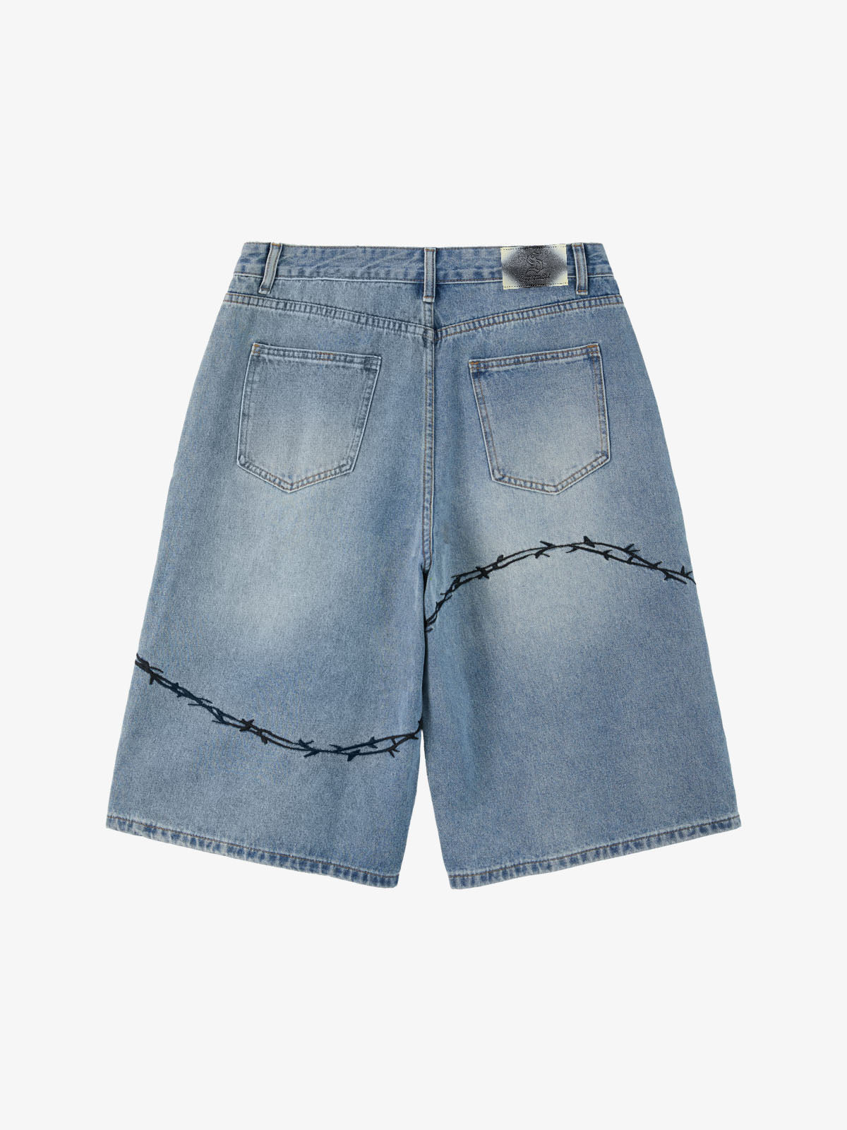 Vintage Barbed Wire Embroidery Distressed Washed Denim Jorts