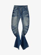 Vintage Distressed Button Fly Ruched Panel Flared Jeans
