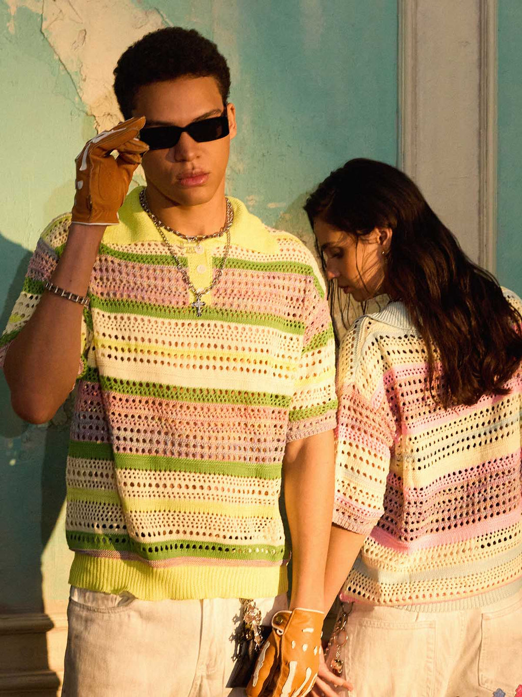 Pastel Striped Crochet Knit Short Sleeve Polo Shirt