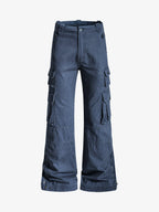 Vintage Washed Multi-Pocket Adjustable Strap Flare Cargo Pants