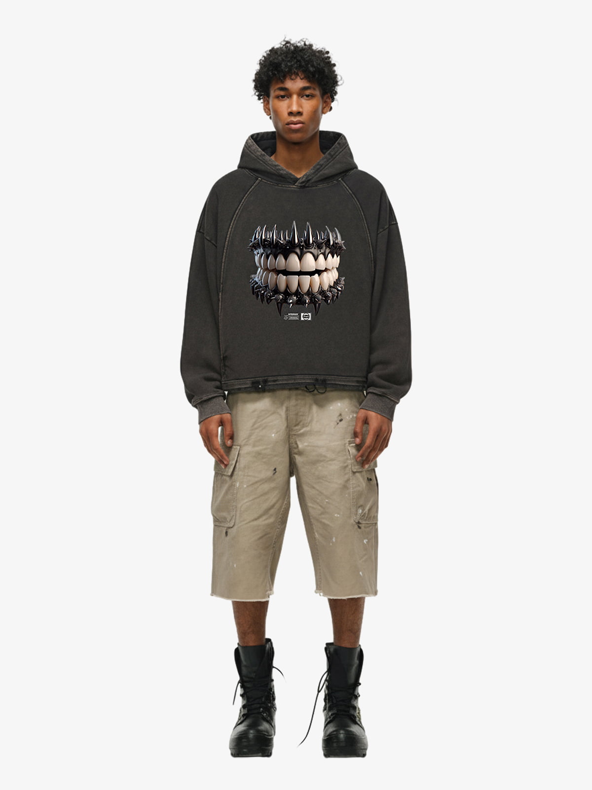 Dark Monster Teeth Graphic Cropped Hoodie