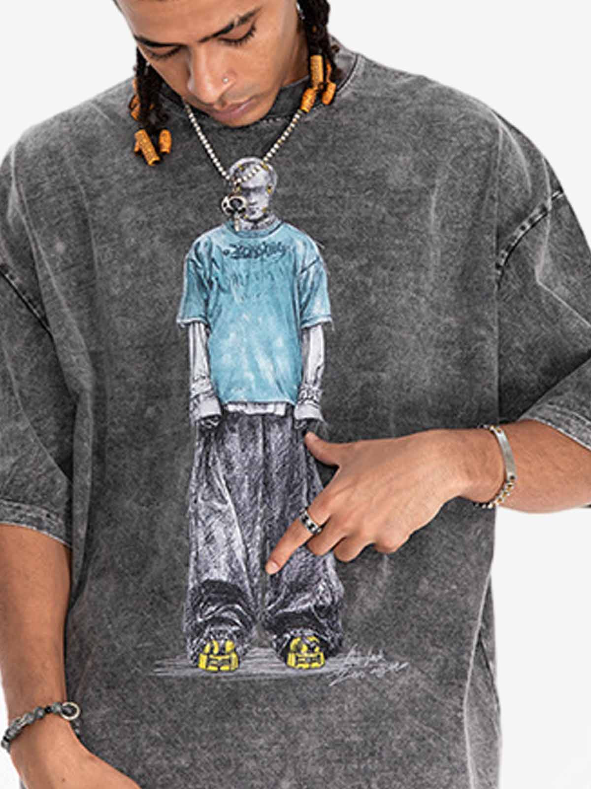 Vintage Washed Skeleton Graphic Oversized T-Shirt