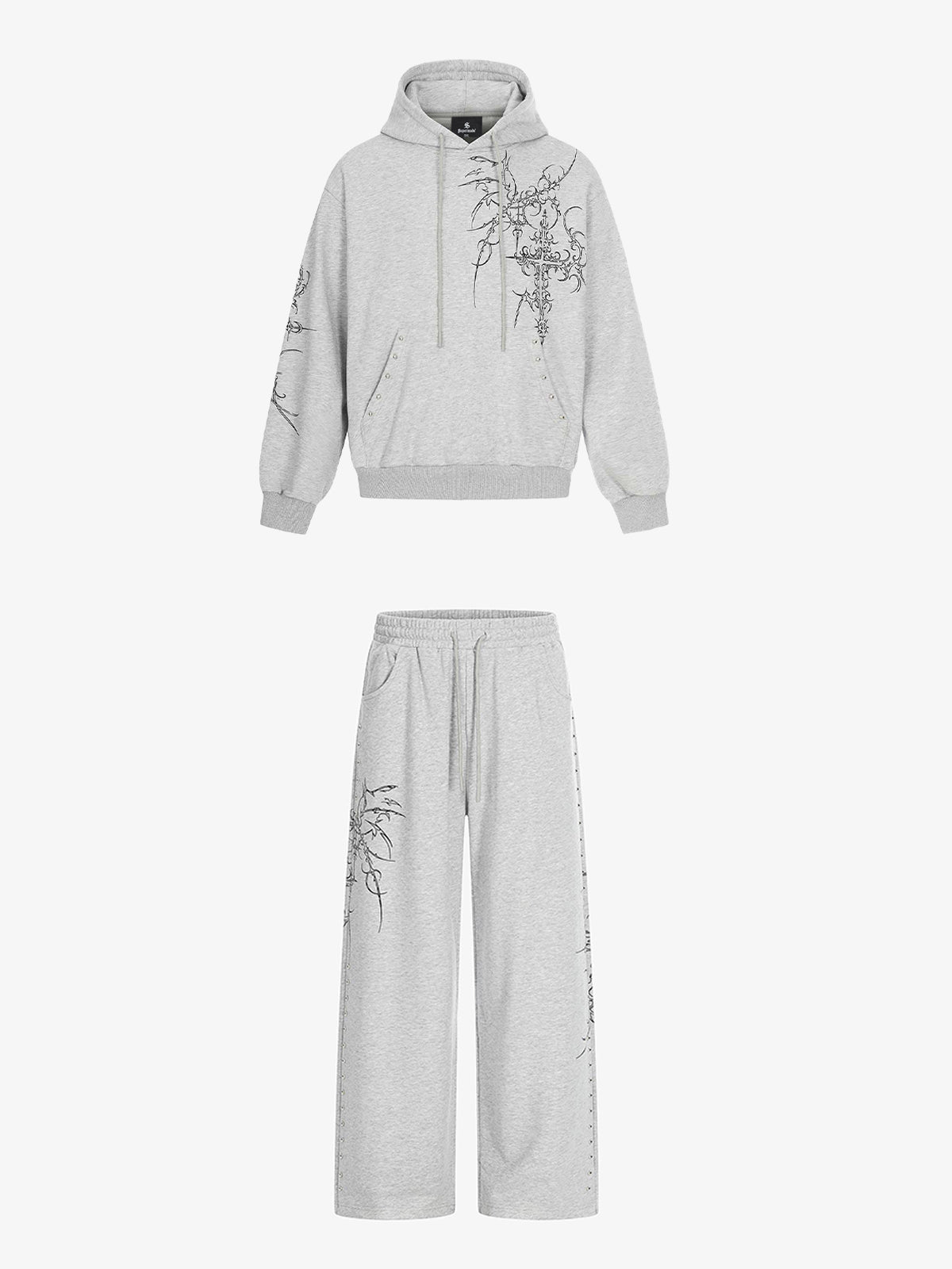 Floral Line Art Studded Pocket Hoodie