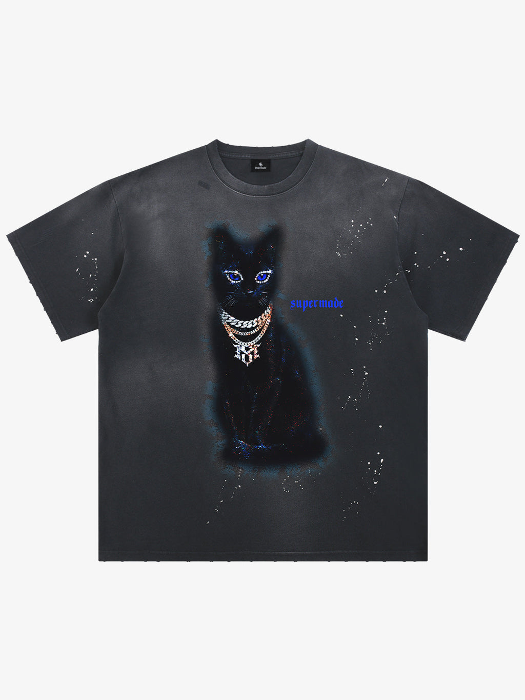 Splatter Design Chain Black Cat Graphic T-Shirt