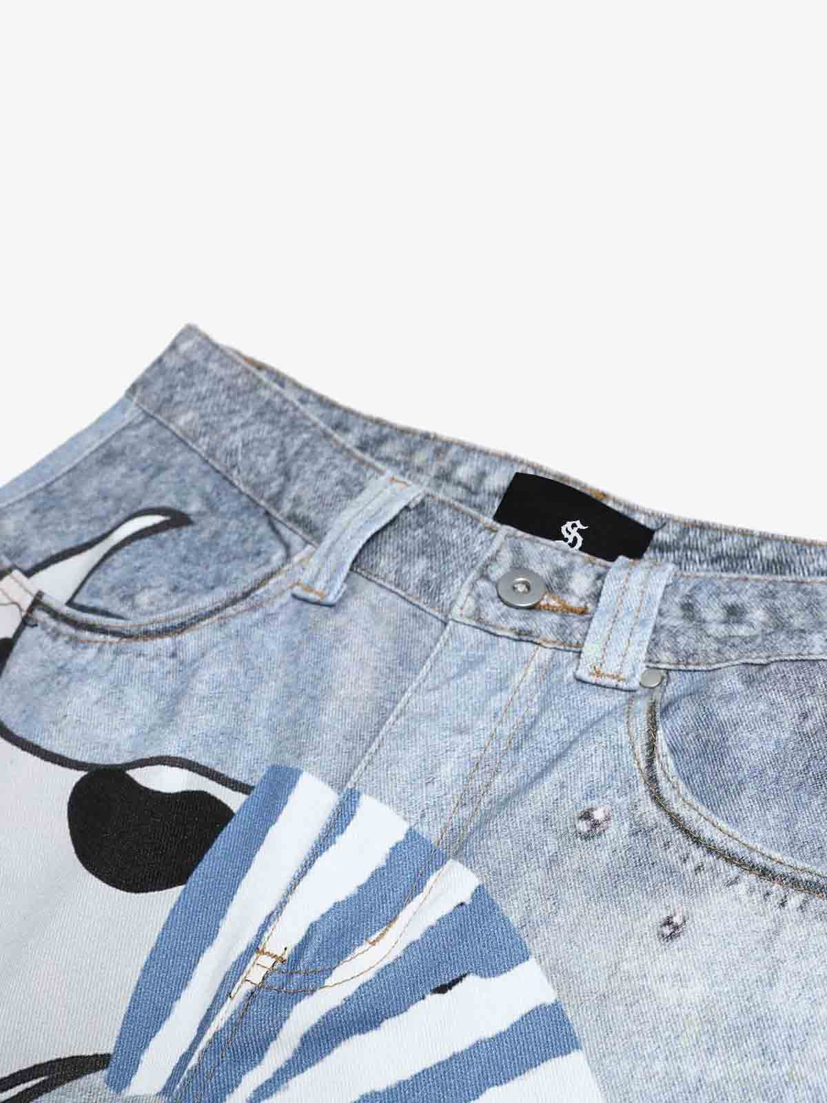 Cartoon Dalmatian Dog Graphic Distressed Washed Jeans