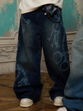 Original Retro Thorn and Key Pattern Laser-Burnout Baggy Jeans - 2595