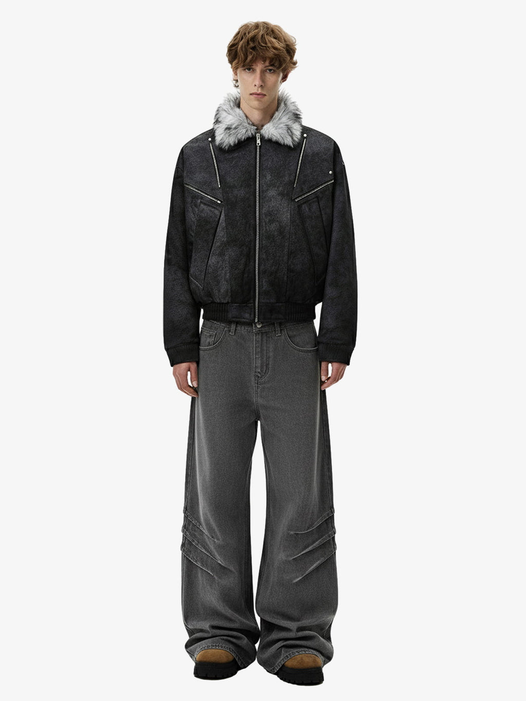 Washed Pleated Baggy Jeans