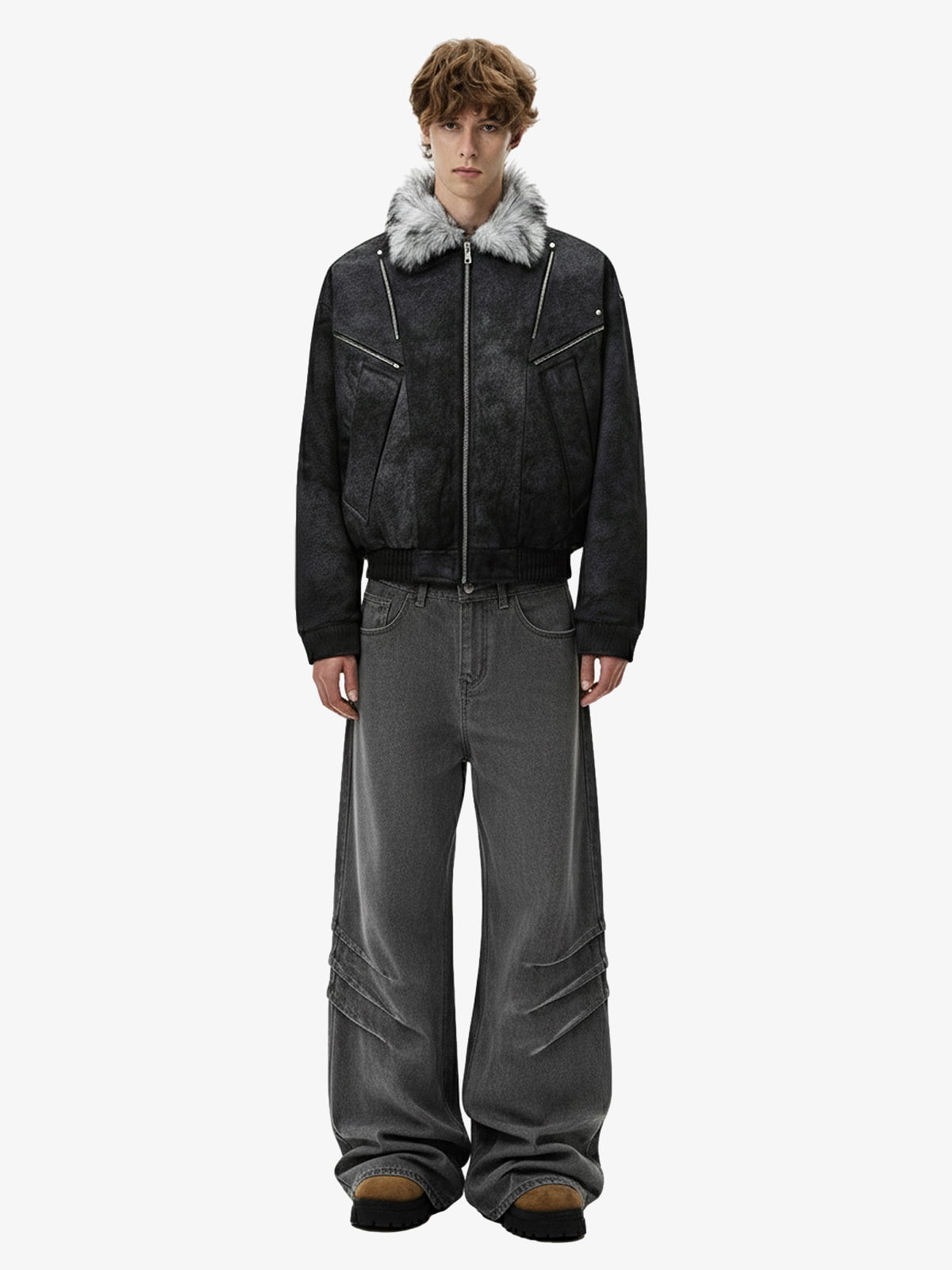 Washed Pleated Baggy Jeans