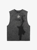Cross-Print Distressed Washed Vest