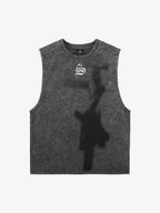 Cross-Print Distressed Washed Vest