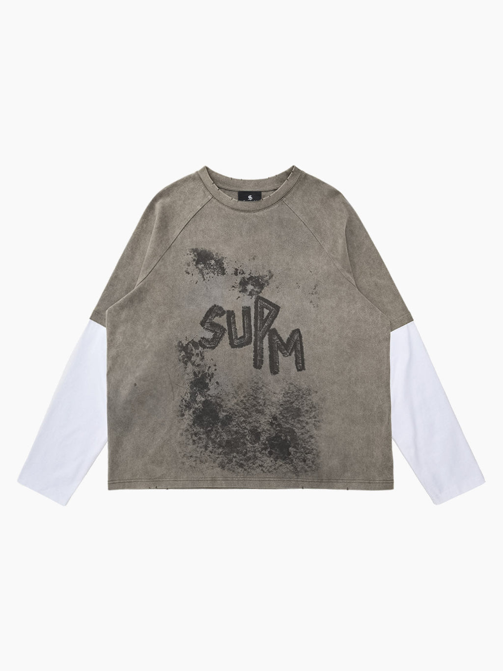 Washed Contrast Color Print Long Sleeve Cotton T-shirt