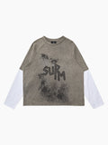 Washed Contrast Color Print Long Sleeve Cotton T-shirt