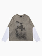 Washed Contrast Color Print Long Sleeve Cotton T-shirt