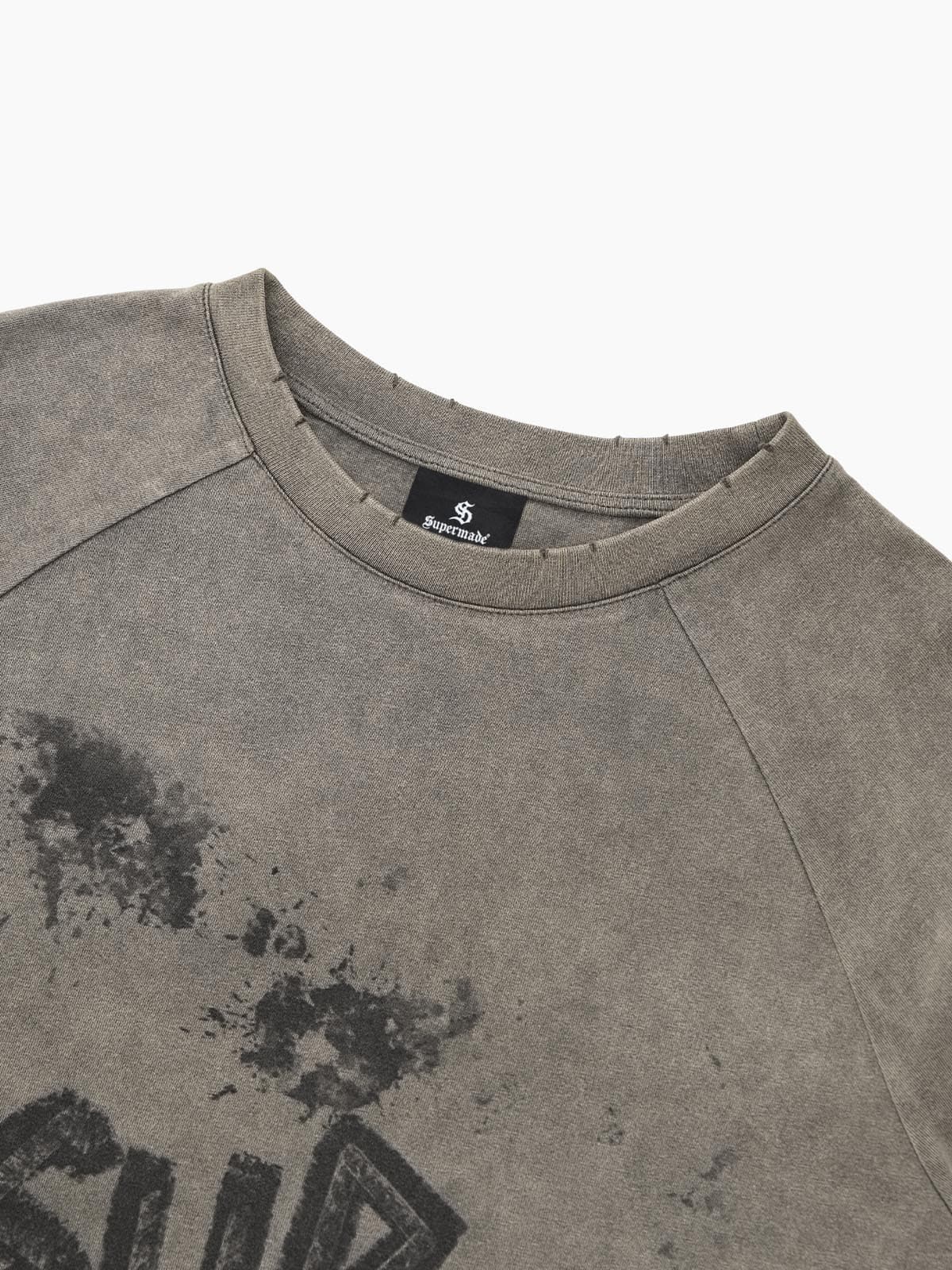 Washed Contrast Color Print Long Sleeve Cotton T-shirt