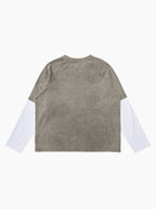 Washed Contrast Color Print Long Sleeve Cotton T-shirt