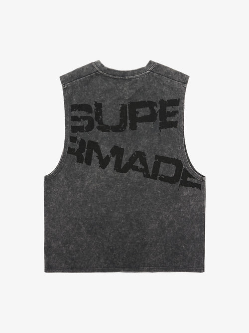 Cross-Print Distressed Washed Vest