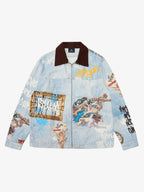 Artistic Patches Graphic  Distressed Denim Jacket - 2573