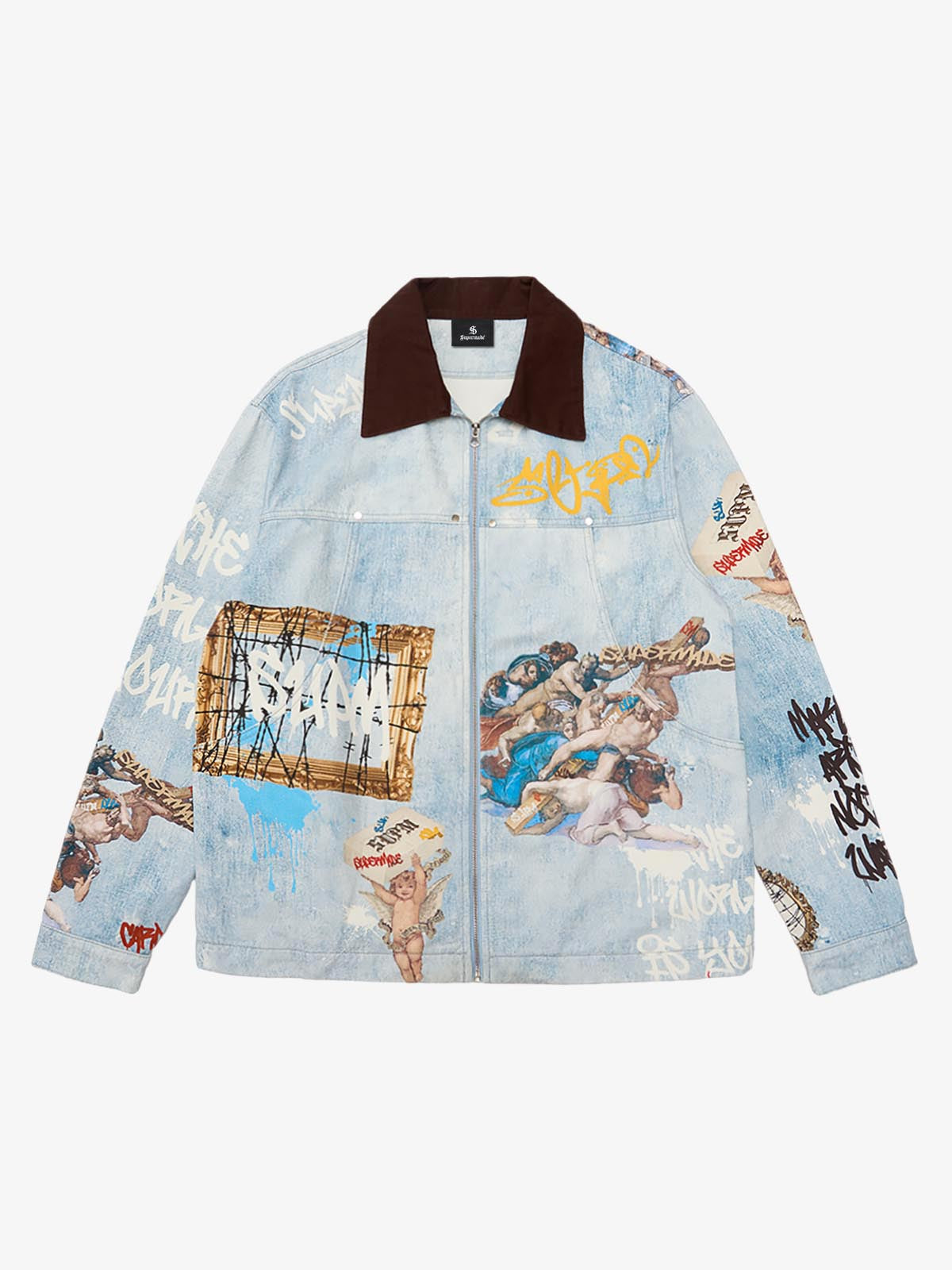 Artistic Patches Graphic  Distressed Denim Jacket - 2573
