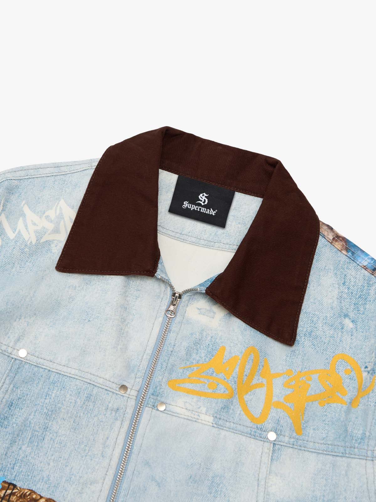 Artistic Patches Graphic  Distressed Denim Jacket - 2573