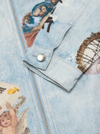 Artistic Patches Graphic  Distressed Denim Jacket - 2573
