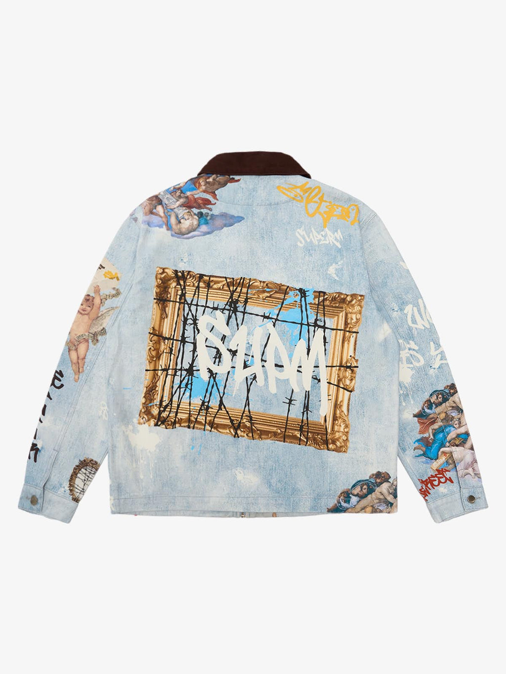 Artistic Patches Graphic  Distressed Denim Jacket - 2573