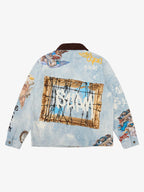 Artistic Patches Graphic  Distressed Denim Jacket - 2573