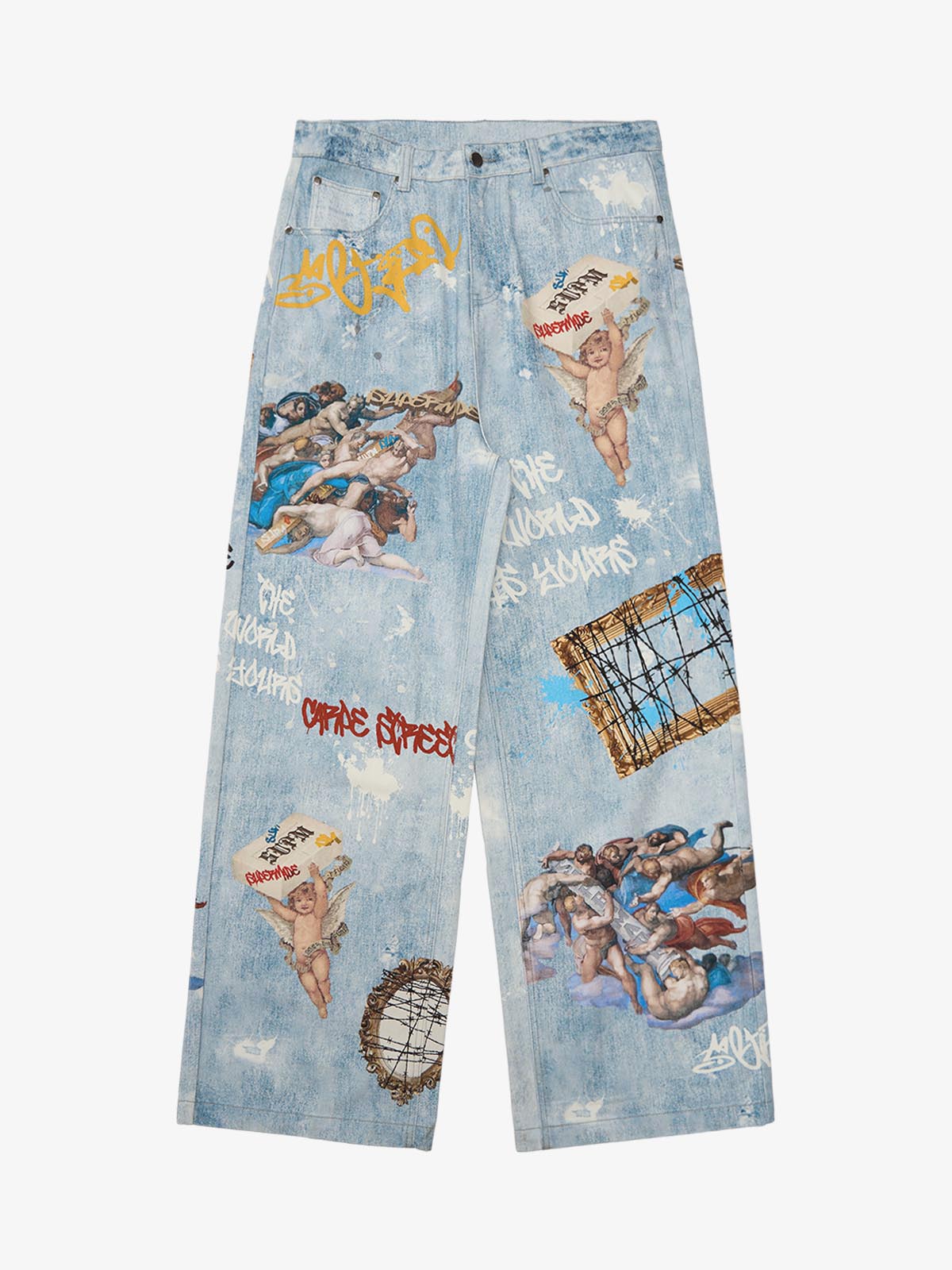 Retro Artistic Graffiti Angelic Prints Baggy Jeans - 2574