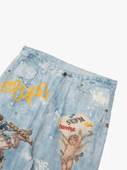 Retro Artistic Graffiti Angelic Prints Baggy Jeans - 2574