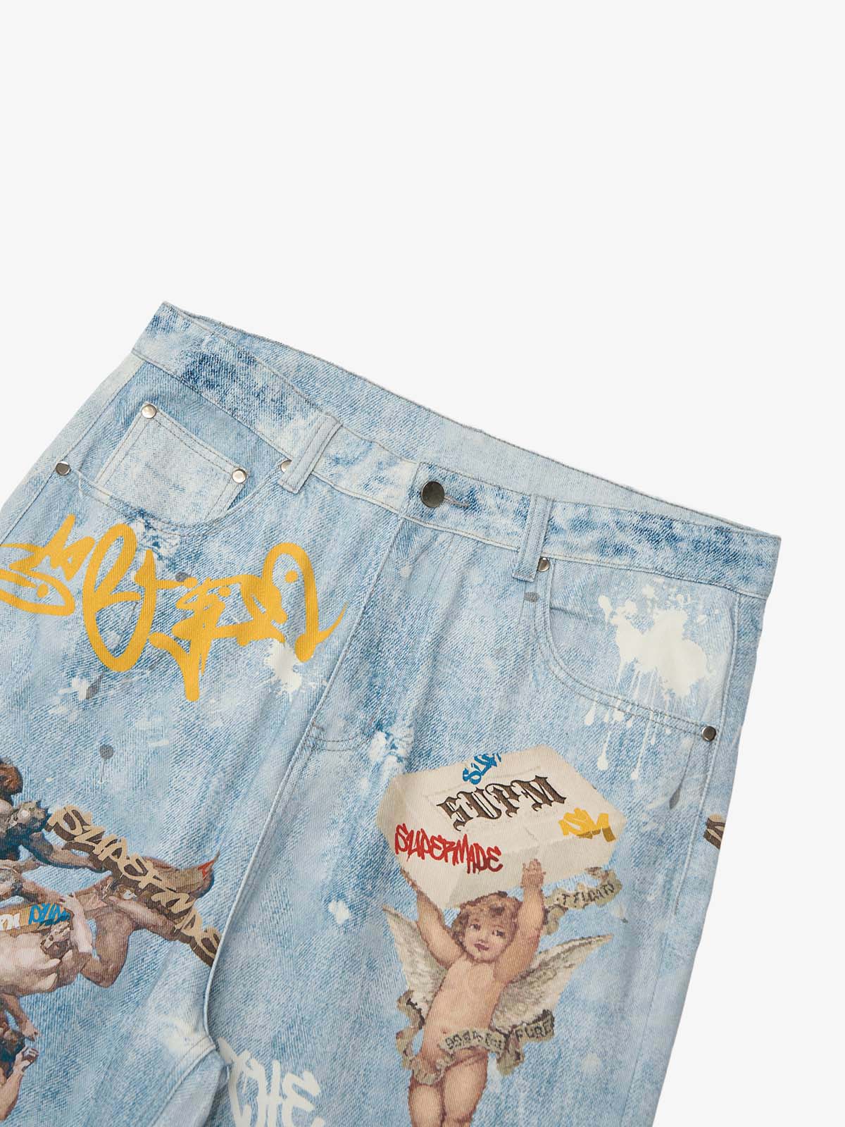 Retro Artistic Graffiti Angelic Prints Baggy Jeans - 2574