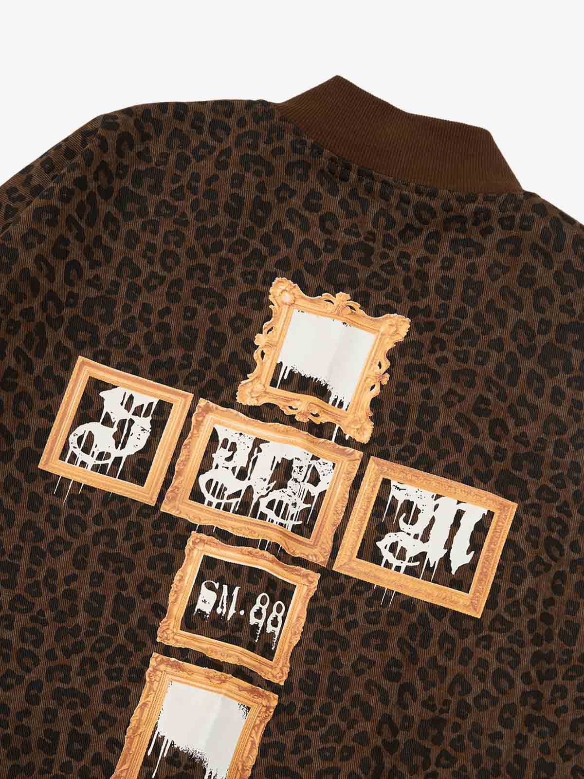 Cross Frame Leopard Print Baseball Jacket - 2572