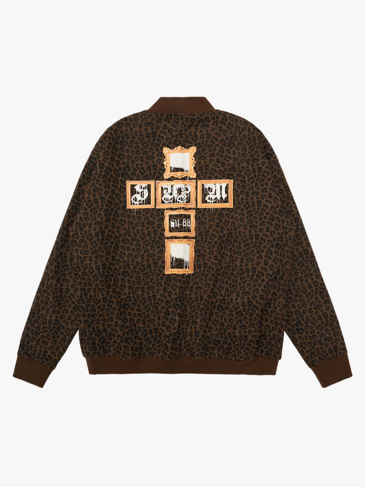Cross Frame Leopard Print Baseball Jacket - 2572