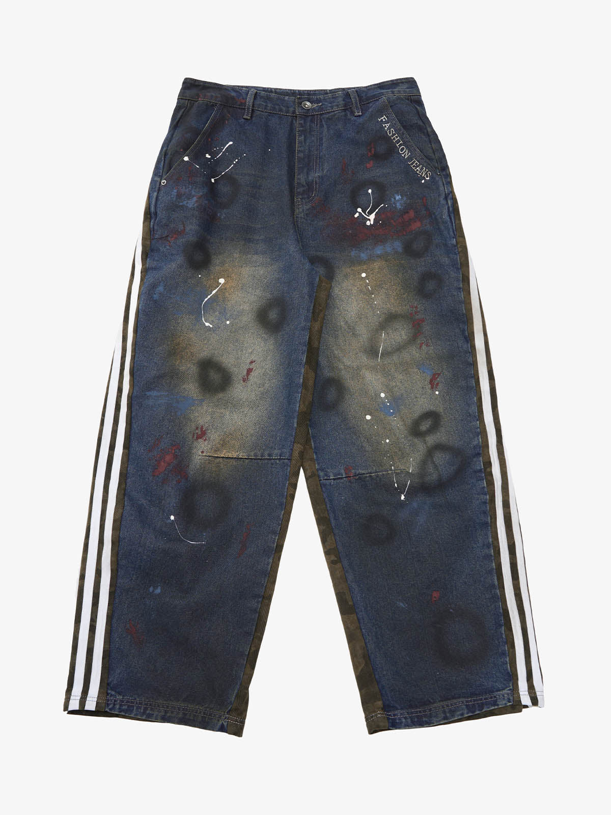 Washed Stripe Patchwork Totem Print Baggy Jeans