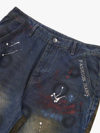 Washed Stripe Patchwork Totem Print Baggy Jeans