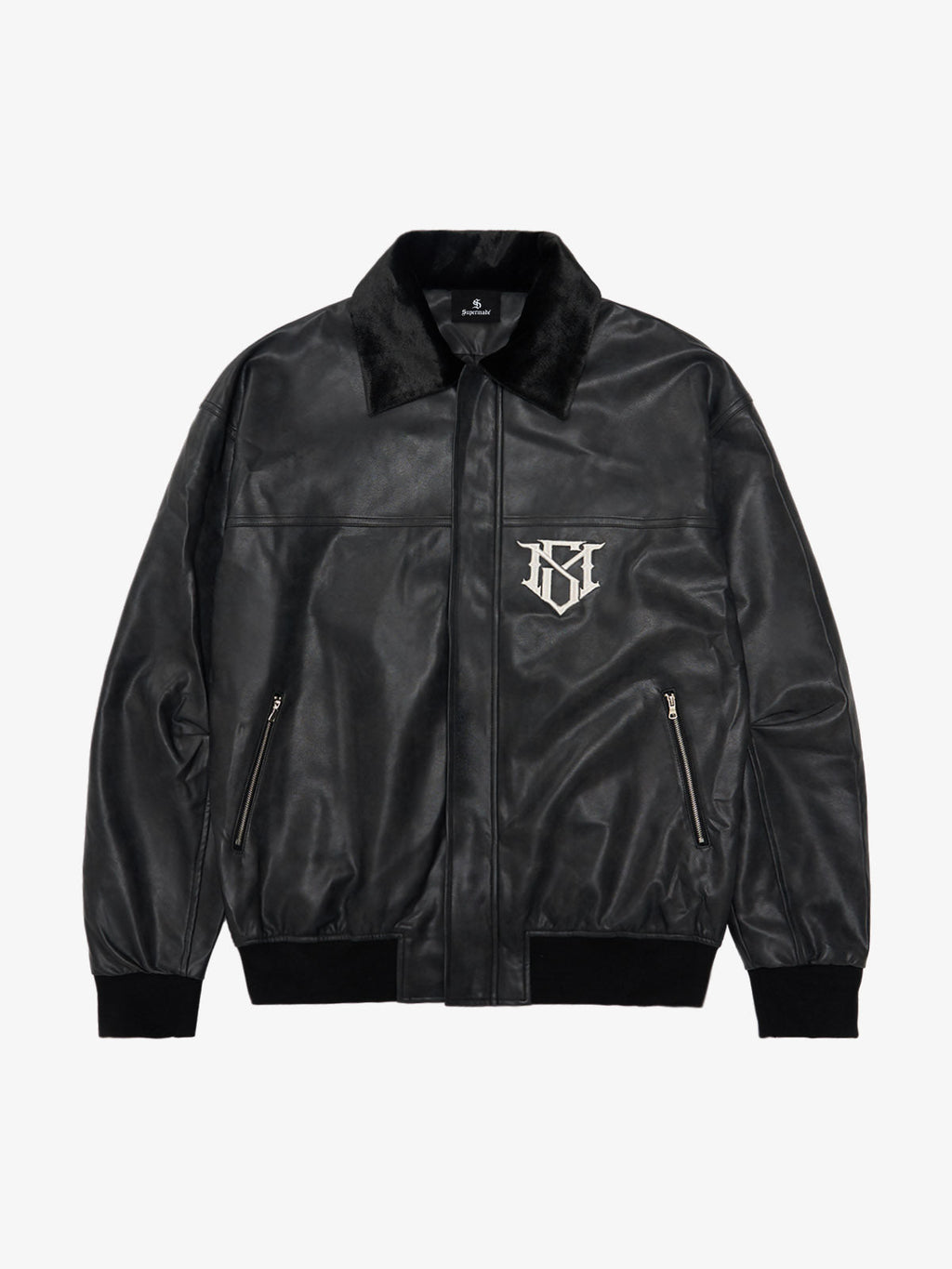 SUPM Fur Collar Rhinestone Pattern Leather Jacket - 2557