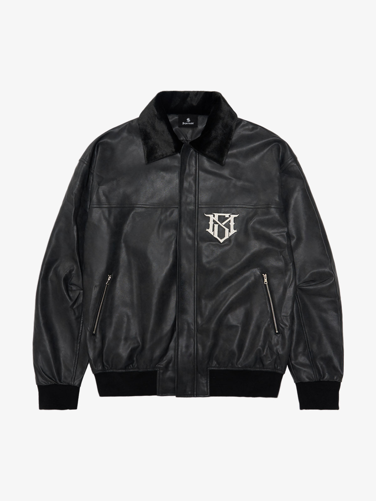 SUPM Fur Collar Rhinestone Pattern Leather Jacket - 2557