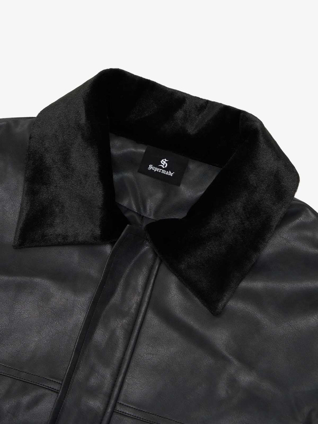 SUPM Fur Collar Rhinestone Pattern Leather Jacket - 2557