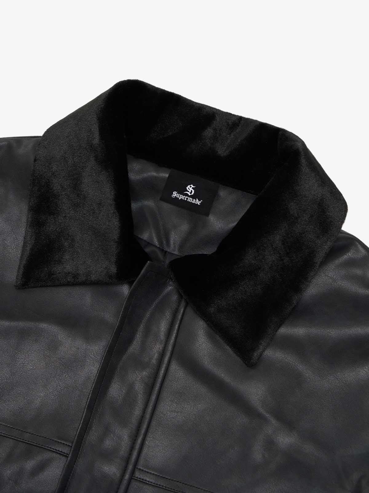 SUPM Fur Collar Rhinestone Pattern Leather Jacket - 2557