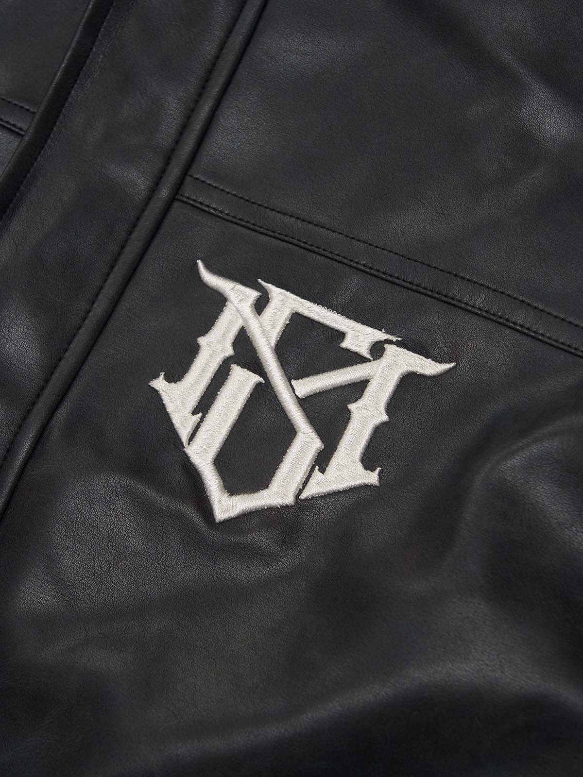 SUPM Fur Collar Rhinestone Pattern Leather Jacket - 2557